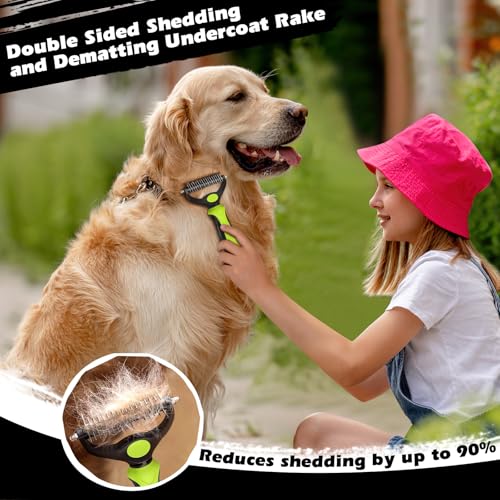 Image of Professional 3PCS Self Cleaning Slicker Brush & Pet Grooming Rake & Flea Comb for Dogs,Cats and Horses | Double-Sided Dematting Comb & Skin Friendly Deshedding Grooming Tool | Pet Supplies (Green)