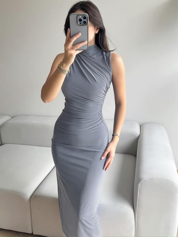 Vestito Donna Elegante Abito Lungo Sexy Senza Maniche Collo Alto Abiti Cerimonia Estivo Bodycon Maxi Vestiti con Spacco Gli Abiti da Cocktail Curvy Tubino Aderente per Feste Sera Nozze