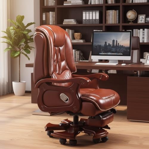 Image of Lakdi The Furniture High Back Luxury Director & Executive Chair Office Made in Plyboard with Leatherette & High Density Foam, Recliner Feature and Double Wheel with wooden Polish - 111011330 Tan Brown