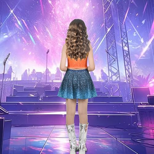 Image of Sunny Fashion Girls 2 Piece Top Tank Gradient Orange Skirt Sparkle Show Music