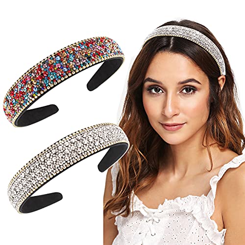 Wecoe 2 Pack Rhinestone Headbands for Women Fashion Headbands Bling Diamond Headbands Sparkle Crystal Headbands Silver Headband Colorful Headbands Hair Bands Hair Accessories Gifts for Women Girls