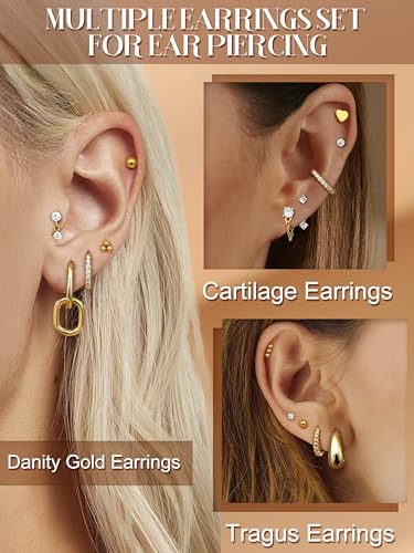 Jstyle 14K Gold Earrings Women Hypoallergenic Cartilage Earrings Set for Multiple Piercing Trendy Huggie Hoop Earring Lightweight Earring Stacks Small Cute Pearl CZ Studs Hoops Gold/Silver3