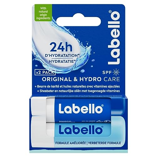 LABELLO Original & Hydro-Care (2 x 4,8g), Baume à lèvres enrichi en huiles naturelles et à la texture onctueuse & Soin des lèvres FPS 15 hydratation longue durée pendant 24H