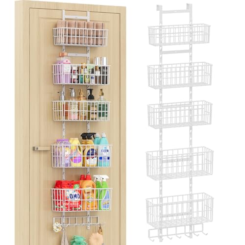 Adjustable Over The Door Organizer, Metal Hanging Door Organizer with 5 Wire Basket 7 Hooks, Wall Mounted Shelf for Pantry Closet Organization and Storage, White