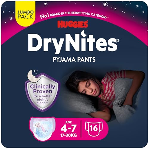 Huggies DryNites Pañales de Noche para Niña 4-7 (17-30 kg), Clínicamente Probado con 5 Capas de Máxima Protección Nocturna, 16 Bragas Absorbentes