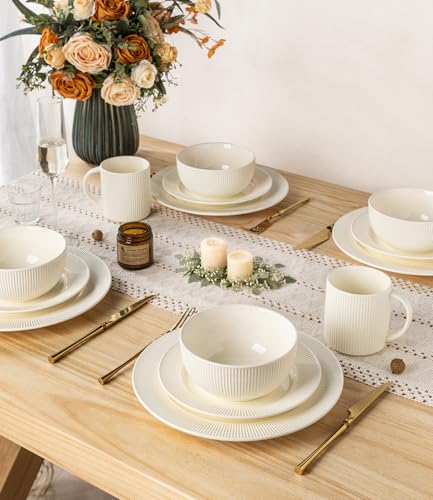 Image of TheTerra Ceramic Dinnerware Sets for 4, 12 Pieces Porcelain Lightweight Plates and Bowls Sets, Scratch Resistant Dish Set, Oven, Microwave & Dishwasher Safe, Ivory
