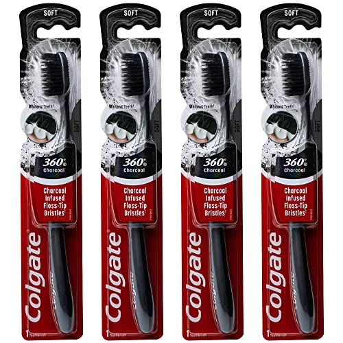 Colgate Cepillo de dientes con infusión de carbón 360, cerdas de hilo dental, suave (colores varían), paquete de 4