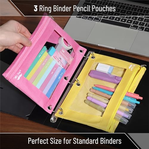Image of Mr. Pen- Pencil Pouch for 3 Ring Binder, 2 Pack, 10 inchx6.75 inch, Smooth Zipper | Clear Window, Large Capacity Pencil Case with 3 Reinforced Grommets for School, Office, Supplies Storage | Clear Window, Large Capacity Pencil Case with 3 Reinforced Grommets for School, Office, Supplies Storage