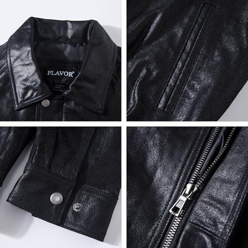 FLAVOR Men Casual Leather Bomber Jacket Classic Aviator Flight Jacket Black4