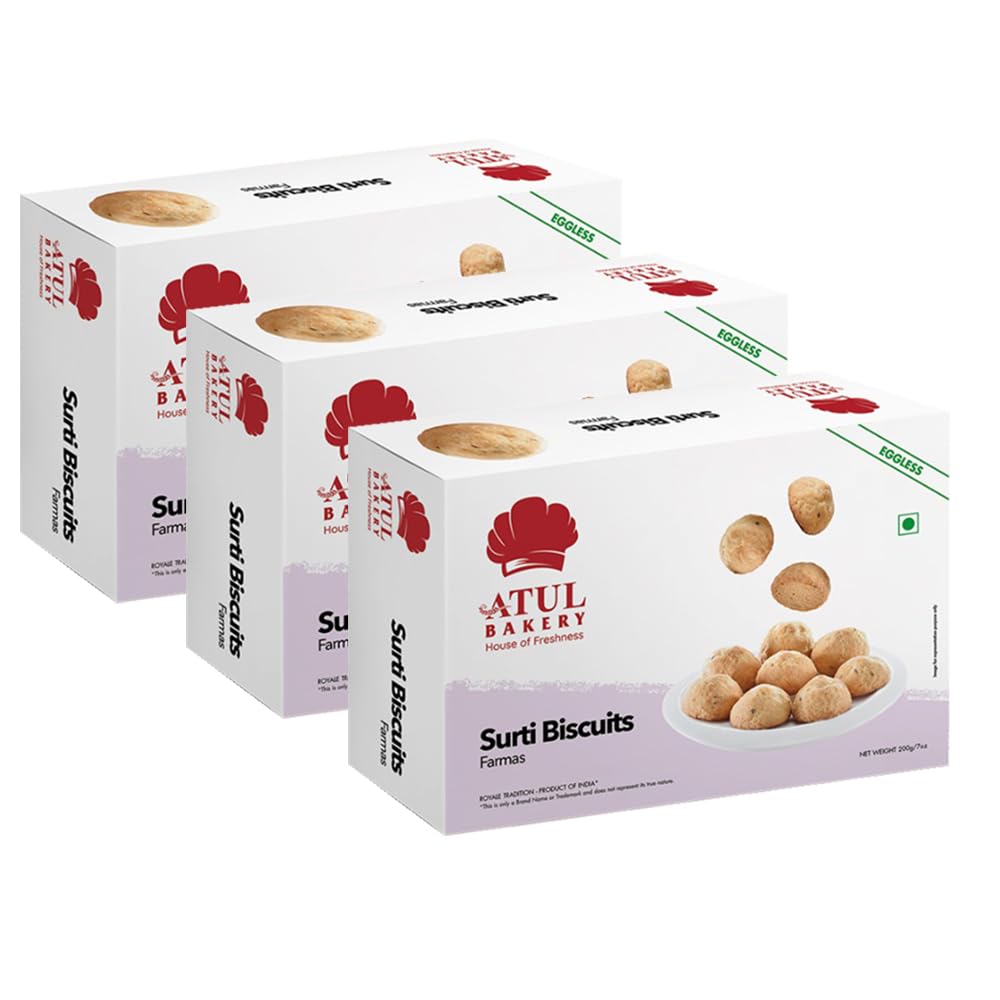 Generic Atul Bakery Surti Biscuits (200 Gram) - Authentic Gujarati Delicacy - Family Pack Cookies - Crunchy Tea Time Snack Biscuits (Pack of 3, Surti Biscuit Farmas)