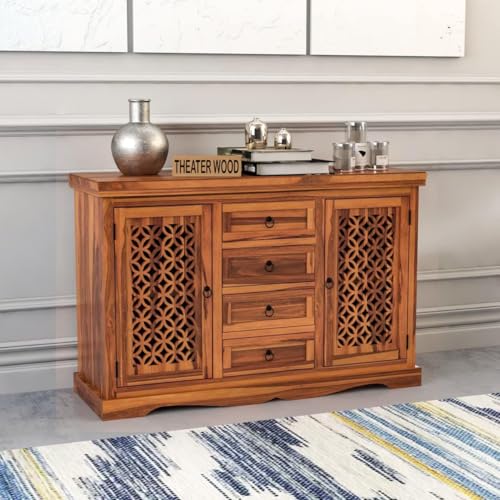 Image of Solid Sheesham Wood Sideboard and Cabinets | Wooden Side Board Media Console Tv Cabinet for Living Room | Standing Cabinet with 4 Drawers & 2 Door Cabinet Storage | Natural Finish