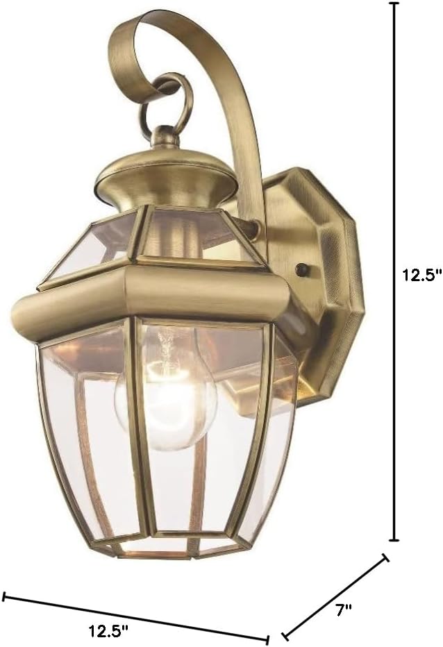 Miniatura 10 de Livex Lighting 2051-01 Monterey 1 Lámpara de pared exterior con acabado de latón antiguo, acabado en latón macizo con vidrio biselado transparente