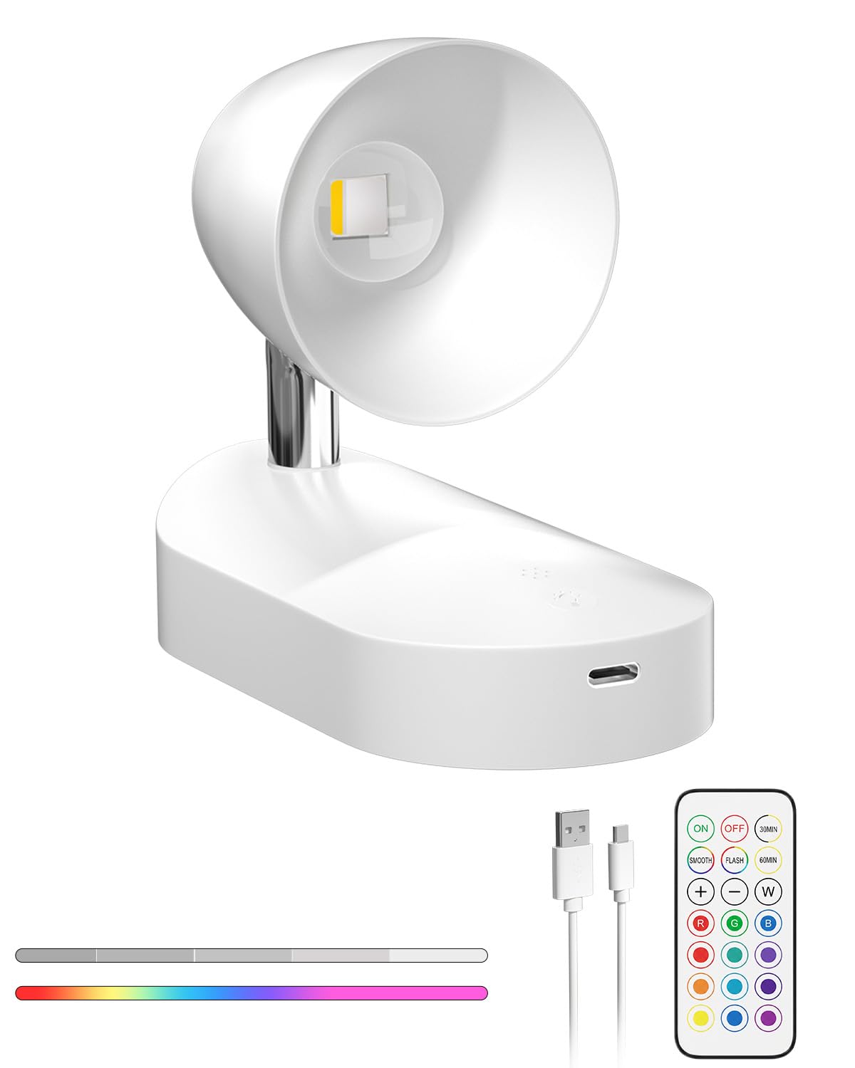Klarlight Rechargeable Wall Light with Remote, 2000mAh LED Magnetic Wall Picture Lamp, Cool White & 12 RGB Dimmable Ambient Lighting, 320° Rotation Wall Mounted Reading Sconces Lamp for Bedside