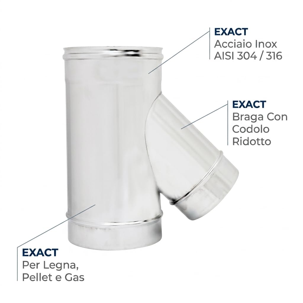 MAKA Raccordo a T 135° Ridotto per Canna Fumaria in Acciaio Inox, Braga con Codolo Ridotto per Stufa a Pellet (Ø 230, codolo Ø 80, AISI 304)