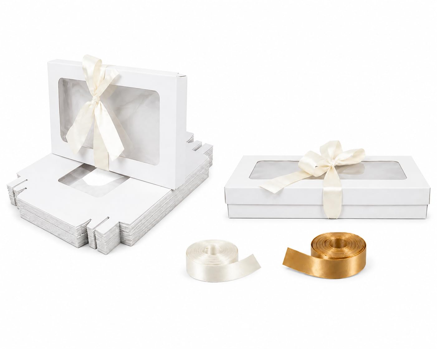 Emartbuy Pack of 12 White Gift Boxes with Clear Window Lid & Ivory Satin Ribbon - Small Slim 21 x 12.5 x 2.5 cm - Recyclable Kraft Presentation Box for Hampers, Treats, Weddings & Favours — image 1
