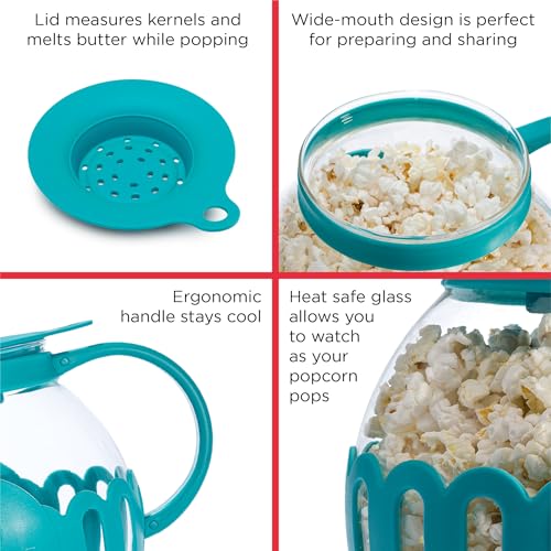 Ecolution Patented Micro-Pop Microwave Popcorn Popper with Temperature Safe Glass, 3-in-1 Lid Measures Kernels and Melts Butter, Made Without BPA, Dishwasher Safe, 3-Quart, Teal