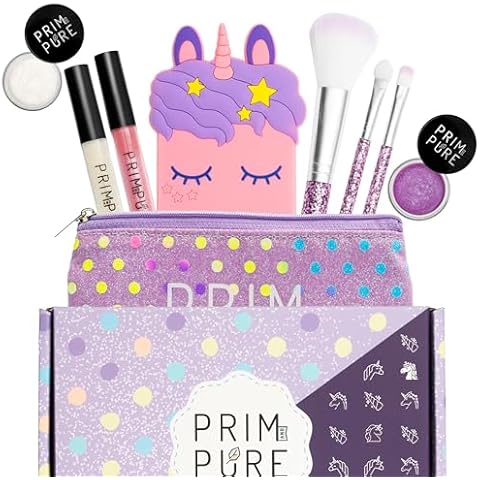Prim and Pure Mineral Gift Set with Unicorn Mirror| Perfect for Play Dates & Birthday Parties | Kids Eyeshadow Makeup – Mineral | Organic & Natural Makeup Kit for Kids| Made in USA (Purple) Cover