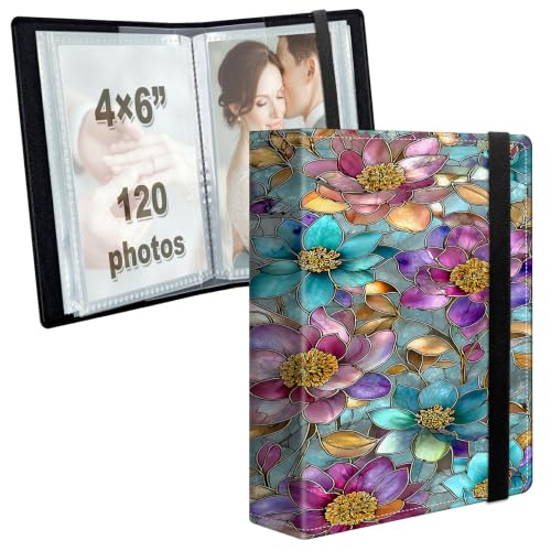 Image of Photo Album 4x6 120 Photos with Strong Elastic Band, Stained Glass Flowers