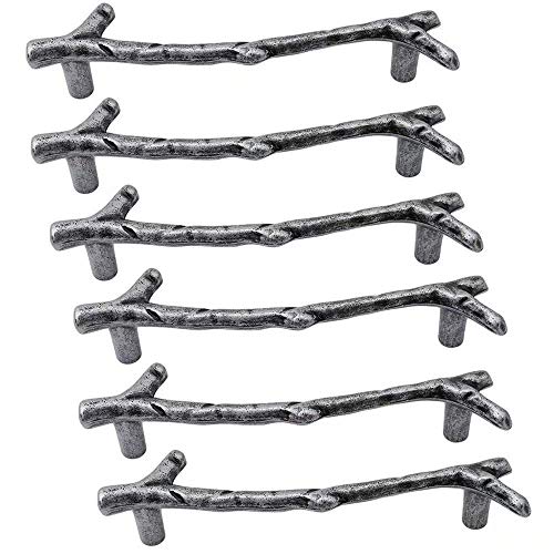 Banggo Tiradores de Tirador para Puerta, barra en T vintage, manijas para puerta de cocina, rama, pomos para cajones, manillas para muebles de dormitorio, 6 unidades, aleación de zinc, Plata, 96mm