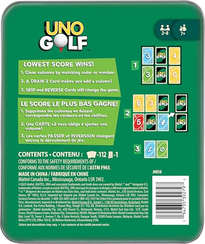 Image of Mattel Games UNO Golf Card Game with Storage Tin | Score Low to Win Big for Kids, Teens & Family Game Night, Ages 7+, 2-10 Players (Amazon Exclusive)