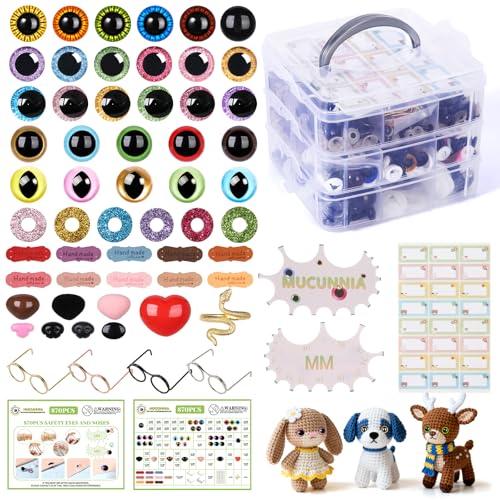 Image of MUCUNNIA 870PCS Safety Eyes for Crocheting with Washers 3D Safety Eyes and Noses Set Amigurumi Eyes for Crochet Animals Glitter Crochet Eyes for Stuffed Animals DIY Christmas Decorations Various Sizes