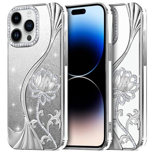 Coque iPhone 14 Pro Max fine transparente anti-rayures avec fleurs argentées