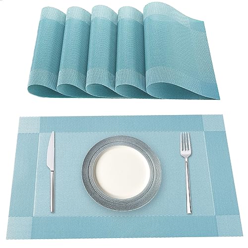 Lumaca Manteles Individuales Lavables, Juego de 6 Salvamanteles Individuales en 70% PVC y 30% Poliéster, Antideslizantes, Resistentes al Calor, para Mesa de Cocina,Azul Cielo