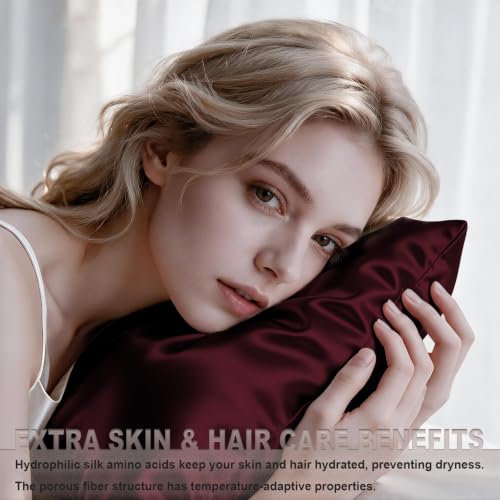 Image of LYSHIN Silk Pillow Cases Standard Size with Hidden Zipper, Burgundy