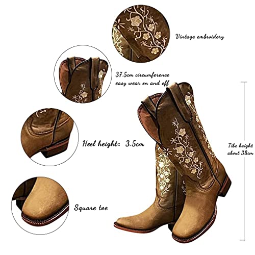 So Simpok Women Retro Embroidered Mid Calf Cowgirl Boots Square Toe Chunky Heel Western Boots Brown #TOP4