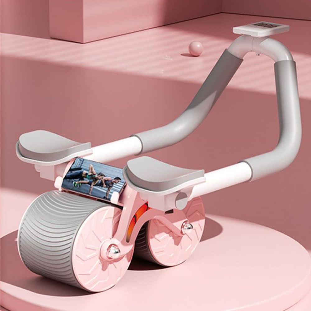 COOLBABY Exercise Wheels Ab Workout Equipment Abdominal Core Strength Training for Home Workouts with Elbow Support Timer Automatic Rebound Exercise Ab Wheel-Pink
