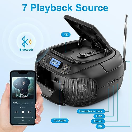 Hernido Portable Boombox with CD Cassette Player Combo, FM Radio, Rechargeable CD/Tape Player, Built-in Stereo Speakers Super Bass, Audio for Home Support AUX-In, USB Playback, Headphone Jack Output - Image 3