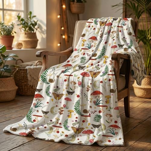 Horaldaily Mushroom Blanket Throw Seasonal White Vintage Moths Soft Fuzzy Plush Faux Fur Cozy Blankets for Couch Sofa Bed Lounging Ideal Gifts for Kids Adults Wife Self 50x60