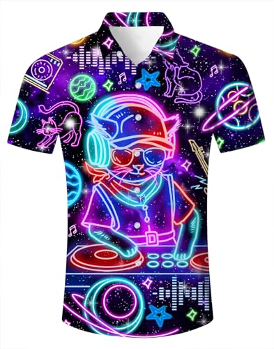 TUONROAD Mens Hawaiian Shirt Funny Neon Cat Print Aloha Shirts Party Button Down Shirts M