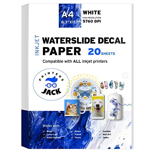 Printers Jack Water Slide Decal Paper Inkjet WHITE 20 Sheets A4 Size Premium Water-Slide Transfer Paper Printable Water Slide Decals for Tumblers, Mugs, Glasses DIY
