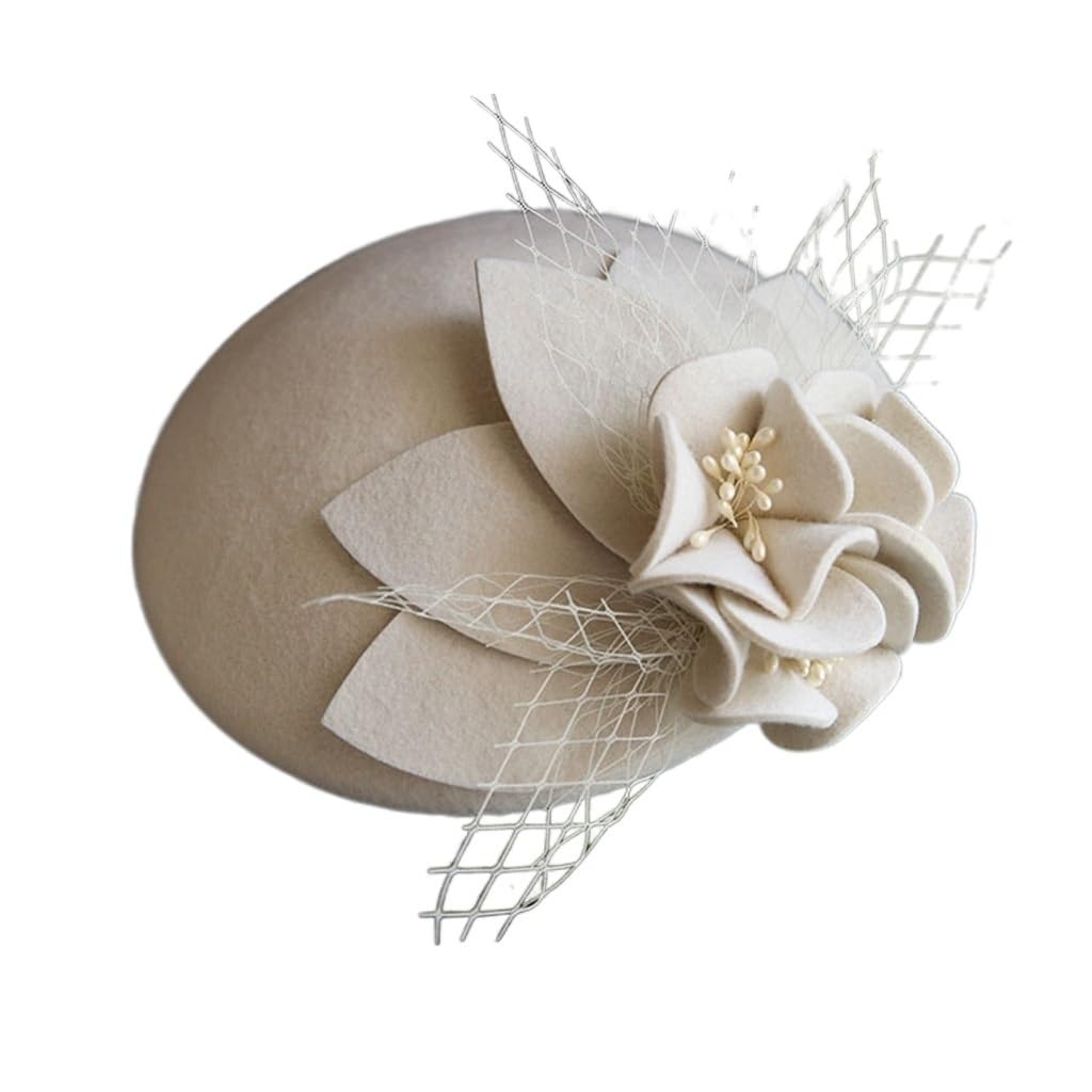 Chapeau haut de forme en maille blanche et laine pour femme avec décoration florale d'hiver