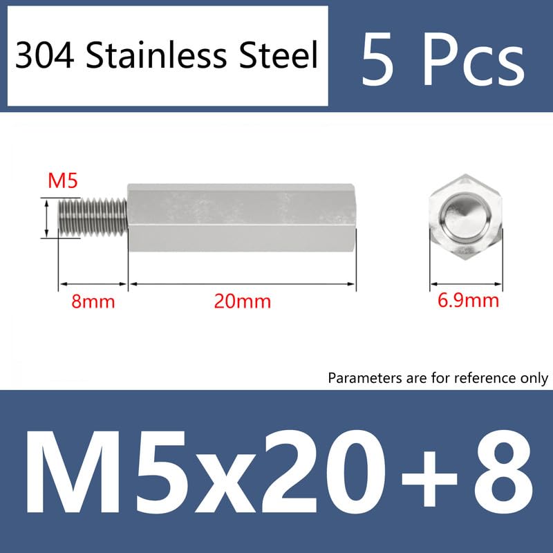M5 x 20 +8mm 5 Pcs Stainless Steel 304 Standoff Screws Single end Female Threaded Studs Hex Spacer Brass Standoffs PCB Motherboard Hexagonal Pillar