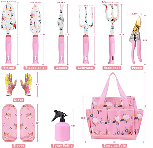 Floral-Garden-Tools-SetHeavy-Duty-Gardening-Tools-for-GardenerGardening-Gifts-for-WomenStorage-Tote-BagSleevesGlovesTrowelTransplanterRakeWeederCultivatorPrunerSucculent-Hand-ToolsPink