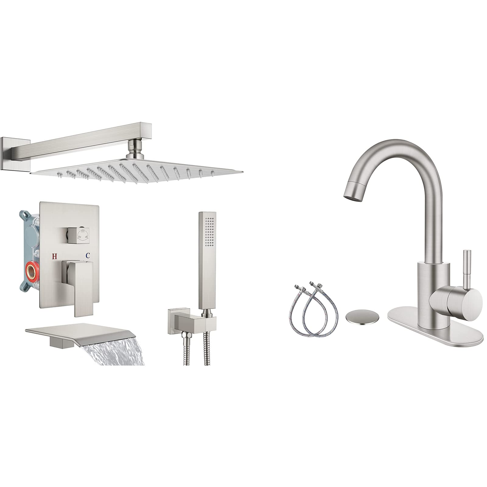 Hcfyauis Brushed Nickel 12 Inch Rainfall Shower System Matching With Brushed Nickel Single Handle Bathroom Sink Faucet