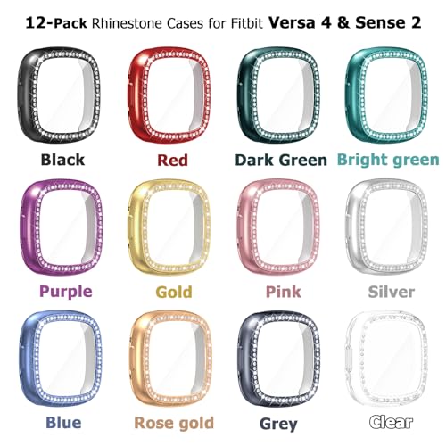 [12Pack] RICHONE Compatible with Fitbit Versa 4/Sense 2 Case with Screen Protector, Sparkly Rhinestones Soft TPU Full Protective Case Bling Crystal Diamond Watch Cover Frame Bumper, for Women Men - Thumbnail 7