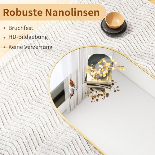 Koonmi Gebogener Ganzkörperspiegel, 40 x 125 cm Gebogener Spiegel Großer An die Wand gelehnter Ganzkörperspiegel Ideal als Ankleidespiegel für das Wohnzimmer, Gold