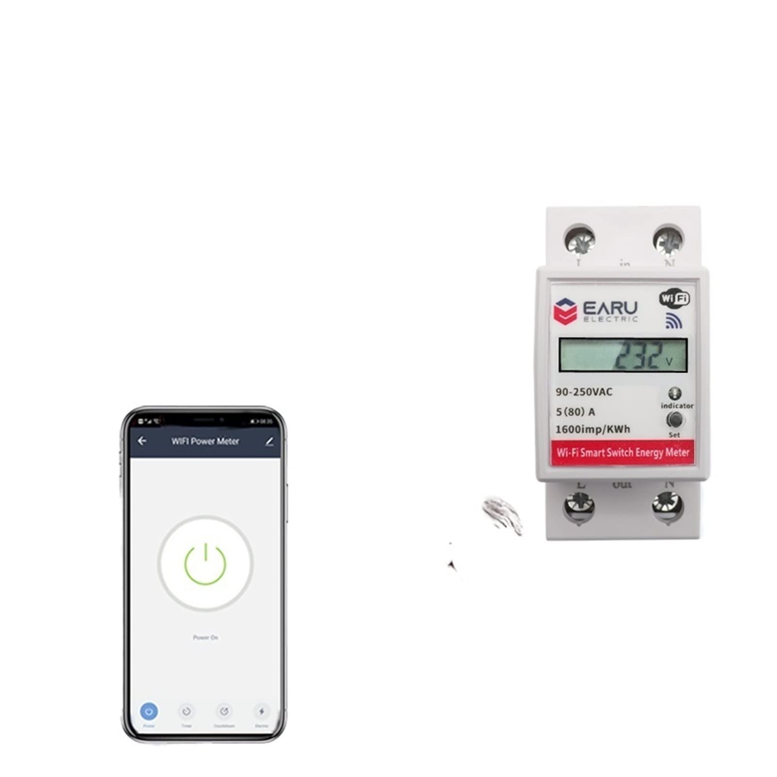 Monitor de energía del medidor inteligente, WiFi Smart Power Energy Meder Consumo KWH Voltmeter DIN Rail Control Remoto Interruptor Smart Life Tuya Alexa Google Home Fácil instalación Fácilmente legib