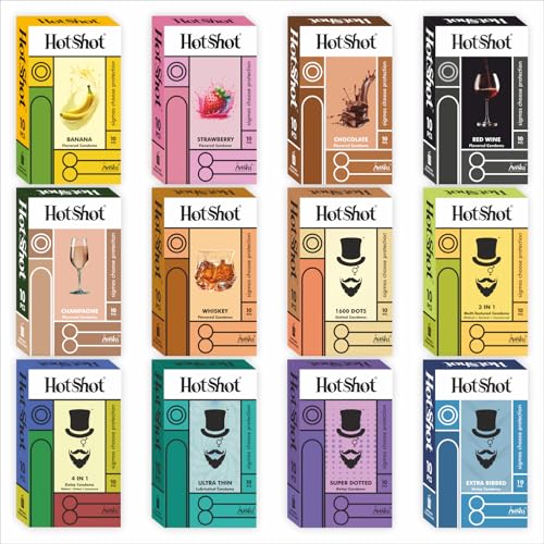 Image of HOTSHOT All Variety Condom Pack - 120 Condoms with 12 Unique Flavors and Styles for Men (Ribbed, Dotted, Delay, Thin, Flavours, Smooth)
