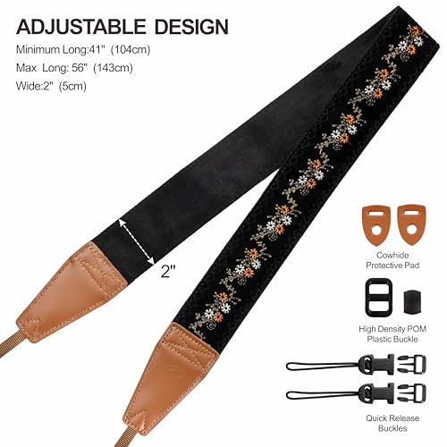 Image of Padwa Lifestyle Camera Strap - 2 inch Full Grain Leather Ends Camera Straps for Photographers, Vintage Embroidered Cotton Weave Soft Suede Fabric Padded Strap Quick Release fits All Cameras