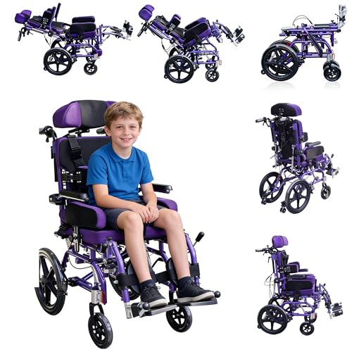 Image of Pediatric Cerebral Palsy Wheelchair - Foldable Adjustable Reclining Wheelchair for Kids,Children's Mobility Wheelchair,Ergonomic Medical Transport Chair for Children with Special Needs (Purple)
