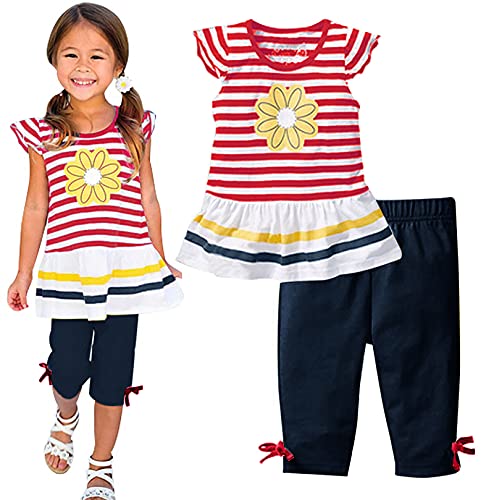Image of LUKYCILD Baby Girls Summer Clothes Casual Clothing Suit Short Sleeve Striped T-Shirt +Pants