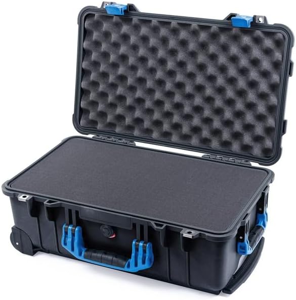 Black Pelican 1510 Carry-on Case. Comes with Pluck Foam & Blue Handles & Latches.