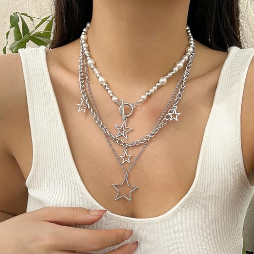 3 Pieces Silver Star Necklace Choker Y2K Hipster Style Star Pendant Jewelry Set Faux Pearls Metal Chain Necklaces4