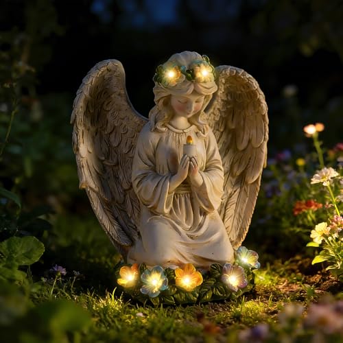 Garden Angel Statues for Outside Solar Praying Angels Outdoor Statue Decor Resin Figurine Sculpture for Patio Yard Lawn Birthday Christmas Sentimental Gifts for Mom Grandma Women Mother in Law