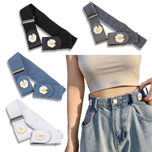 No Buckle Elastic Belt with Daisy Design, Women's Invisible Stretch Belt for Jeans, 4 Colors Pack, Black White Blue Gray