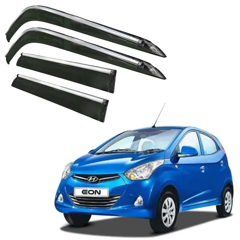 Image of CAR SAAZ Side Door Visors for EON (2011-2019)(Set of 4Pcs)|Chrome Lined Rain Guards, Polycarbonate, Smoke Finish